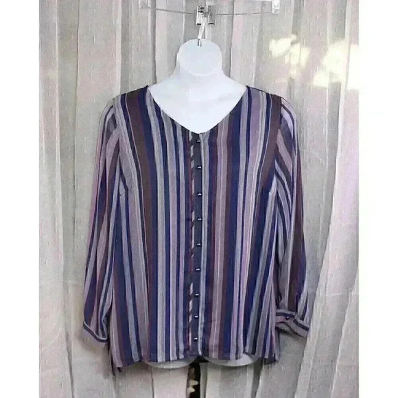 cj banks NWOT size 1X lined blue striped long sleeve button down shirt - Picture 1 of 11